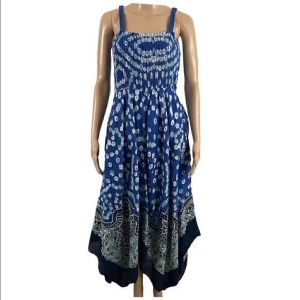 Soft Surroundings Mahini Maxi Dress Blue Smocked Handkerchief Hem Medium